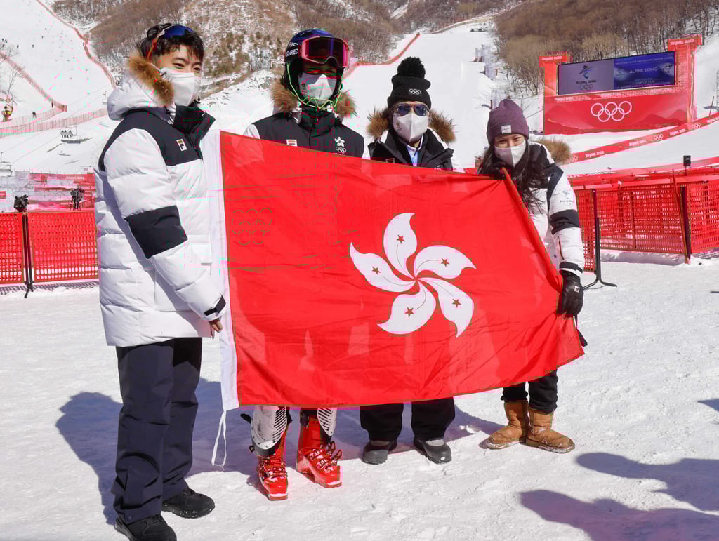 (From left) Hong Kong Winter Olympians Sidney Chu, Adrian Yung Hau-tsuen, chef de mission Karl Kwok Chi-leung and Audrey King at the Yanqing National Alpine Skiing Centre. Photo: HKSF&OC (From left) Hong Kong Winter Olympians Sidney Chu, Adrian Yung Hau-tsuen, chef de mission Karl Kwok Chi-leung and Audrey King at the Yanqing National Alpine Skiing Centre. Photo: HKSF&OC