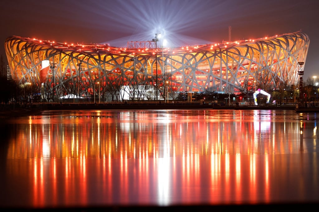 A light show takes place at the National Stadium during a rehearsal for the closing ceremony of the Beijing 2022 Winter Olympics. Photo: Reuters