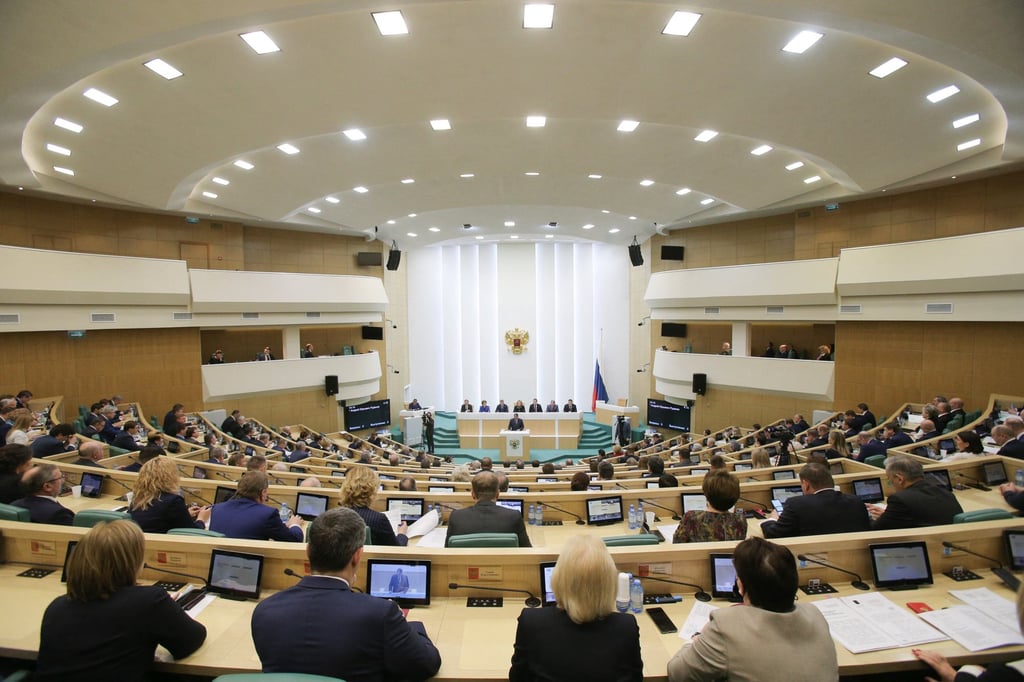 Senators attend a session of the Federation Council, Russia’s upper house of parliament, in Moscow on Tuesday. Photo: Russia’s Federation Council via AFP