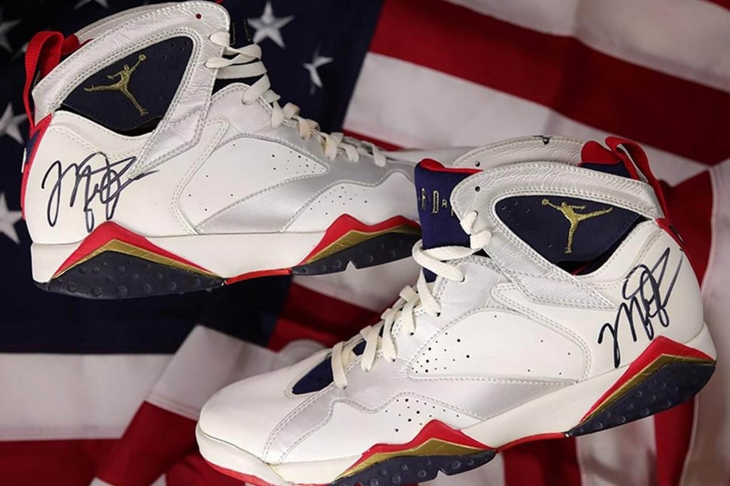 A signed pair of 1992 game-worn Air Jordan 7 Olympic shoes sold for US$113,000. Photo: rok-kosmac.com A signed pair of 1992 game-worn Air Jordan 7 Olympic shoes sold for US$113,000. Photo: rok-kosmac.com