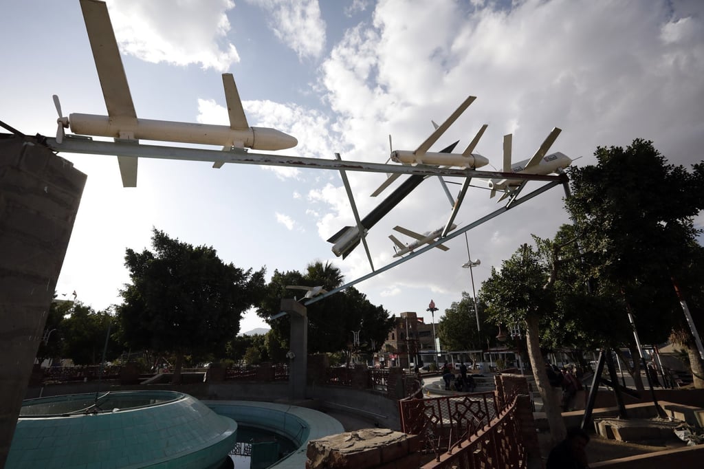 Fake drones are set up by the Houthis in a fountain at a square in Sana’a, Yemen in January. The Houthis have claimed responsibility for drone attacks that targeted the UAE capital Abu Dhabi on January 17, killing at least three people. Photo: EPA-EFE