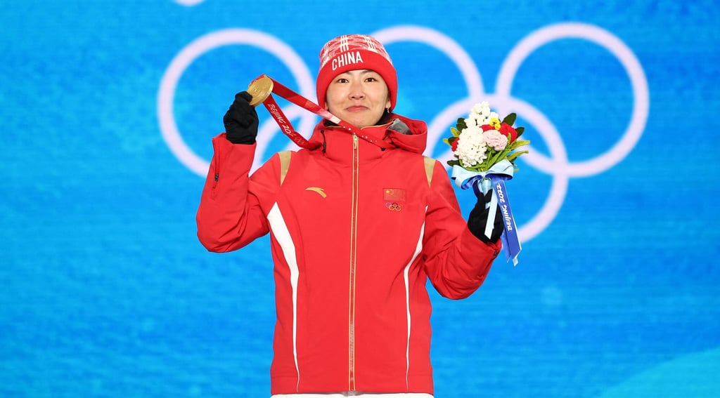 Gold medallist Xu Mengtao of China after winning the Beijing Winter Olympic Games freestyle skiing women’s aerials event in the Zhangjiakou Medal Plaza. Photo: Reuters