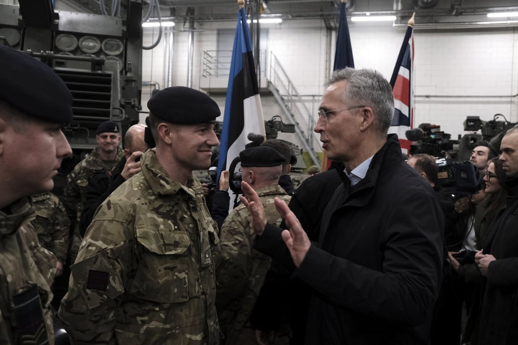 Nato Secretary General Jens Stoltenberg pays a visit to the units of the Nato Enhanced Forward Presence serving in Tapa base, Estonia, on March 1. Stoltenberg have made it clear that Nato will not send forces to fight in Ukraine, which is not a NATO ally. Photo: EPA-EFE