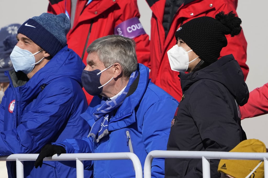 China’s Peng Shuai watches the women’s freestyle skiing big air finals with IOC Thomas Bach at the 2022 Winter Olympics in Beijing. Photo: AP