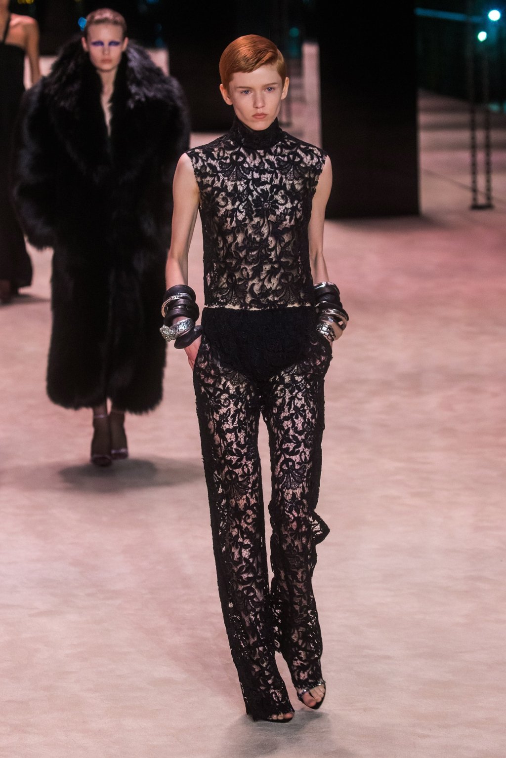 In presenting the autumn/winter women’s collection by Saint Laurent, creative director Anthony Vaccarello cited the influence of poet Nancy Cunard, who liked to wear more masculine looks. Photo: EPA-EFE In presenting the autumn/winter women’s collection by Saint Laurent, creative director Anthony Vaccarello cited the influence of poet Nancy Cunard, who liked to wear more masculine looks. Photo: EPA-EFE