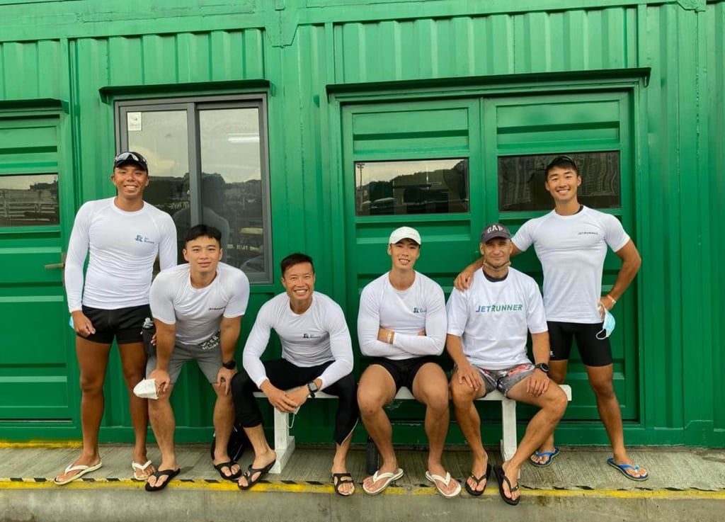 (From left) Jeff Cheung Tsz-chung, Tony Tsoi Yik-san, Sammi Kwok Ka-wai, Charlie Mok Yuen-fung, coach Peter Matus, and Austin Chang Long-yin of the Hong Kong men’s elite kayaking team in Shek Mun. Photo: Handout