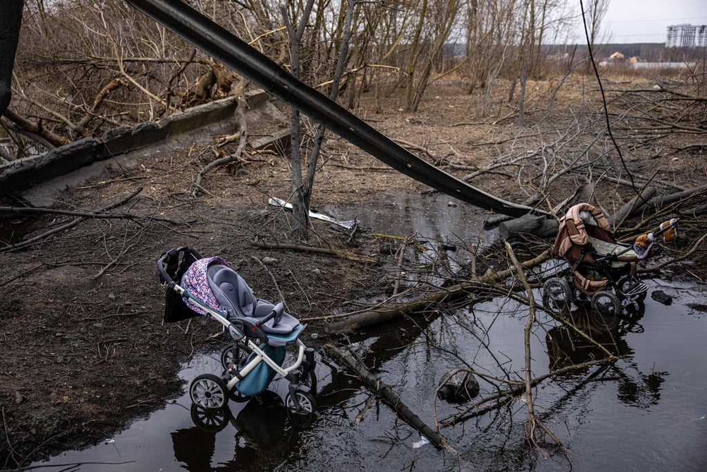 Abandoned strollers near the city of Irpin, northwest suburb of Kyiv, on Monday. Ukraine dismissed Moscow’s offer to set up humanitarian corridors from several bombarded cities as some routes would lead refugees into Russia or Belarus. Photo: AFP