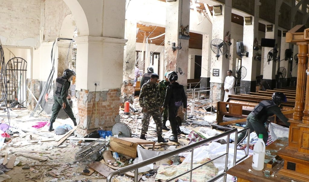 Security forces inspect the site of a deadly church explosion in Colombo, Sri Lanka in April 2019. Photo: Getty Images