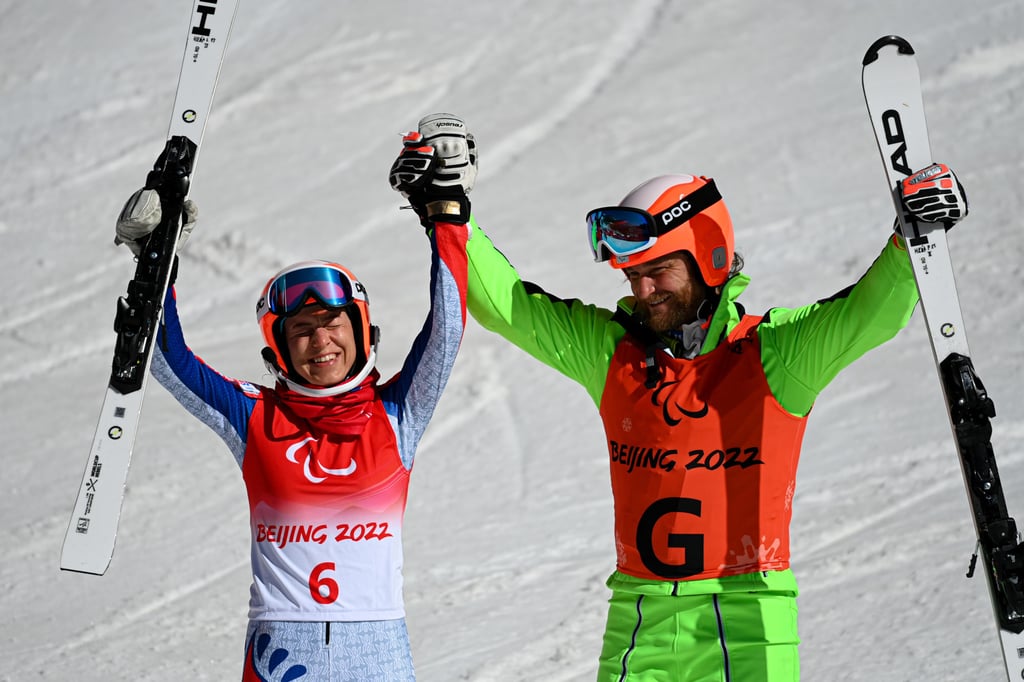 Slovakia’s Henrieta Farkasova (left) and her guide Michal Cerven celebrate during the para alpine skiing women’s super combined vision impaired. Photo: Xinhua
