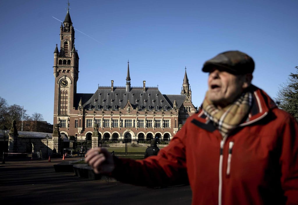 A demonstrator protests outside the ICJ’s headquarters in The Hague, Netherlands, on Monday against Russia’s invasion of Ukraine. Photo: dpa A demonstrator protests outside the ICJ’s headquarters in The Hague, Netherlands, on Monday against Russia’s invasion of Ukraine. Photo: dpa