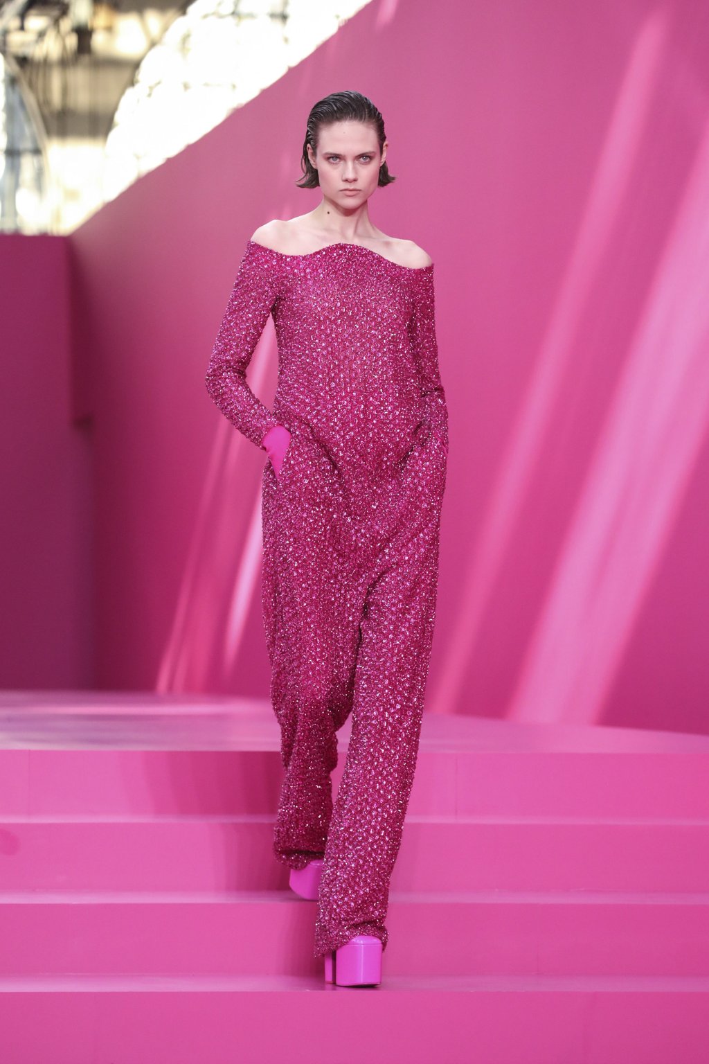 Valentino got “pretty in pink” with its bold new autumn/winter 2022 ready-to-wear collection, unveiled at Paris Fashion Week on March 6. Photo: Invision/AP