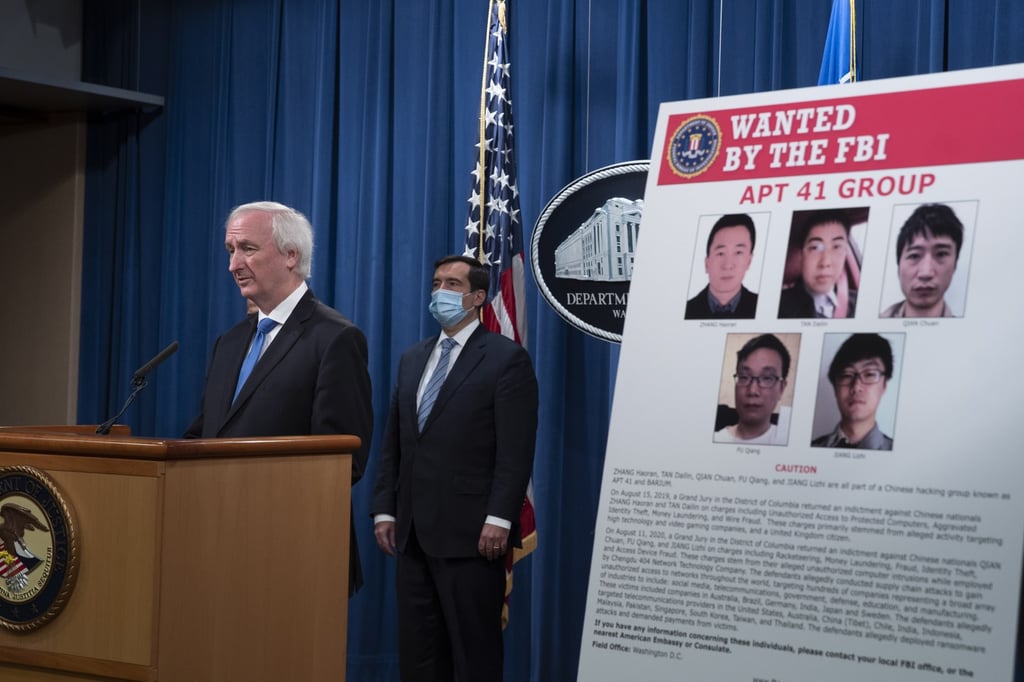 US Deputy Attorney General Jeffrey Rosen announcing charges on September 16, 2020, related to a computer intrusion campaign by the APT41 hacking group, which has ties to the Chinese government. Photo: EPA-EFE US Deputy Attorney General Jeffrey Rosen announcing charges on September 16, 2020, related to a computer intrusion campaign by the APT41 hacking group, which has ties to the Chinese government. Photo: EPA-EFE