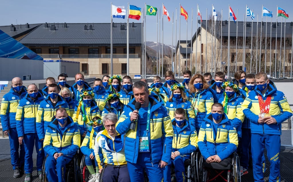 Andriy Nesterenko of Ukraine's National Paralympic Committee with Ukraine's delegation at the Zhangjiakou Paralympic Village in China. Photo: Reuters