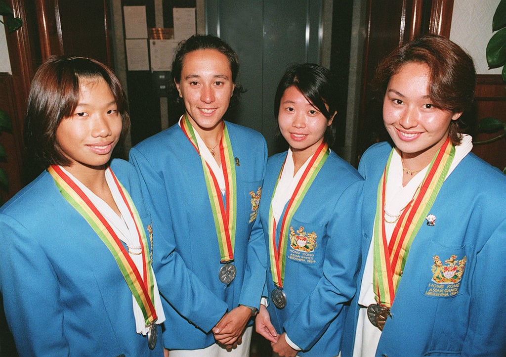 Robyn Lamsam (right) with teammates (from left) Katie Lau, Fenella Ng and Vivian Lee after winning the Asian Games silver medal in Japan in 1994. Photo: Handout