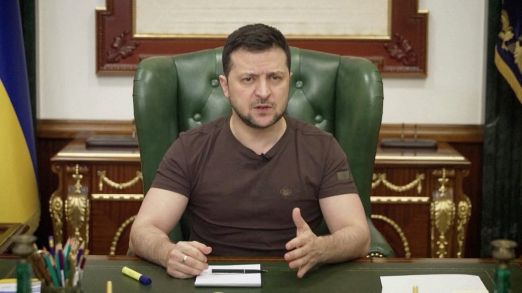Ukrainian President Volodymyr Zelensky speaks in Kyiv in a still image taken from video. Photo: Ukrainian Presidential Press Service Handout via Reuters