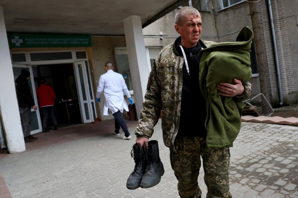 A Ukrainian serviceman at a hospital following an attack on the Yavoriv military base, near the Polish border. Photo: Reuters