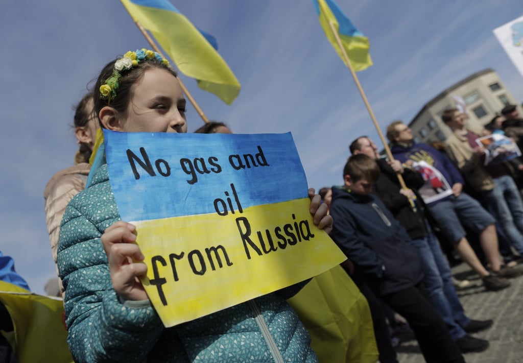 Ukrainian supporters in Brussels, Belgium, take part in a protest against Russia’s invasion of Ukraine. Photo: EPA