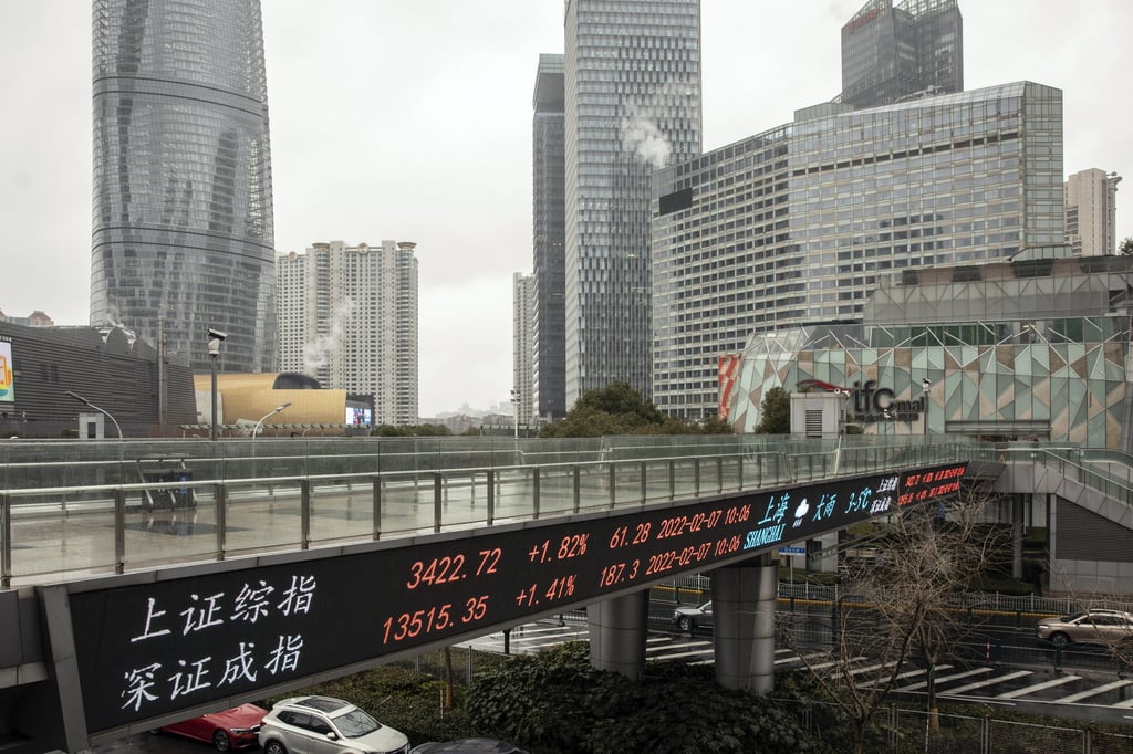 Benchmark stock indexes of Shanghai and Shenzhen on display on an electronic board at Shanghai’s Lujiazui financial district on Monday, February 7, 2022 upon the resumption of trading after a weeklong Lunar New Year pause. Photographer: Bloomberg Benchmark stock indexes of Shanghai and Shenzhen on display on an electronic board at Shanghai’s Lujiazui financial district on Monday, February 7, 2022 upon the resumption of trading after a weeklong Lunar New Year pause. Photographer: Bloomberg