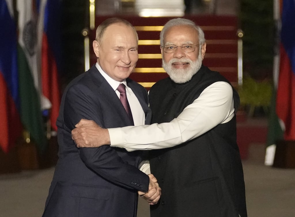 Russian President Vladimir Putin and Indian Prime Minister Narendra Modi before a meeting in New Delhi in December. Photo: AP Russian President Vladimir Putin and Indian Prime Minister Narendra Modi before a meeting in New Delhi in December. Photo: AP