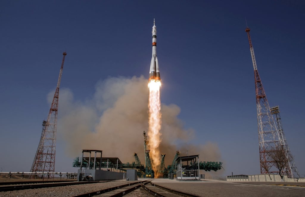 The Soyuz MS-18 spacecraft carrying Nasa’s Mark Vande Hei, and Oleg Novitskiy and Pyotr Dubrov of Roscosmos, blasts off to the International Space Station from Kazakhstan in April 2021. Photo: Nasa / Bill Ingalls / Handout via Reuters