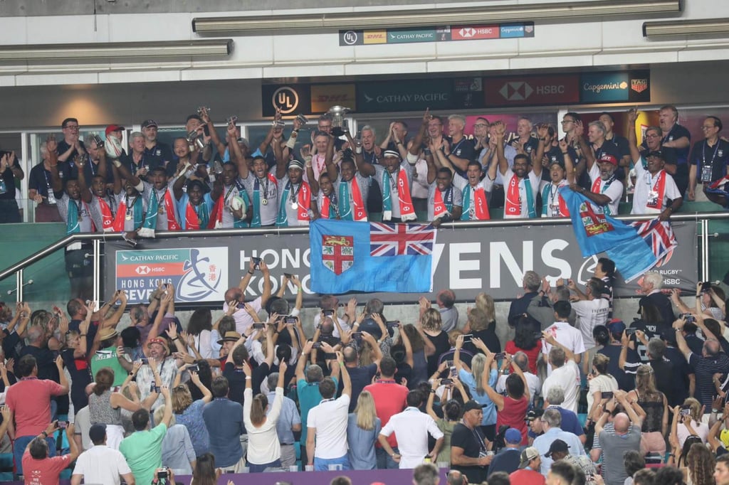 Fiji celebrate winning the Cup final against France at the 2019 Hong Kong Sevens. Photo: Winson Wong Fiji celebrate winning the Cup final against France at the 2019 Hong Kong Sevens. Photo: Winson Wong