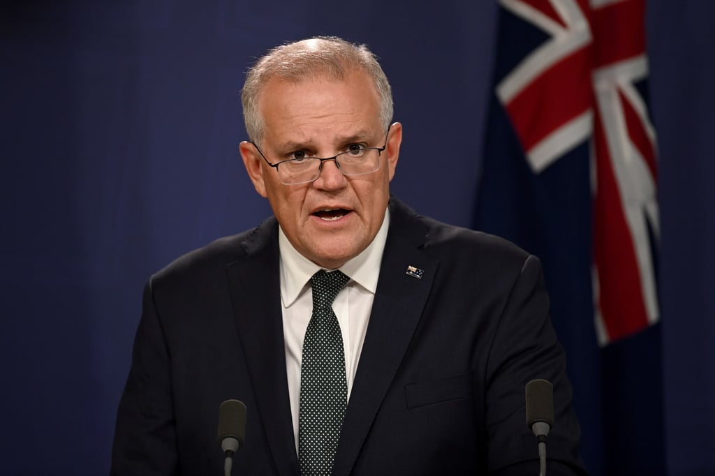 Australian Prime Minister Scott Morrison speaks to the media during a press conference following the beginning of the Russian military operation in Ukraine. Photo: EPA-EFE