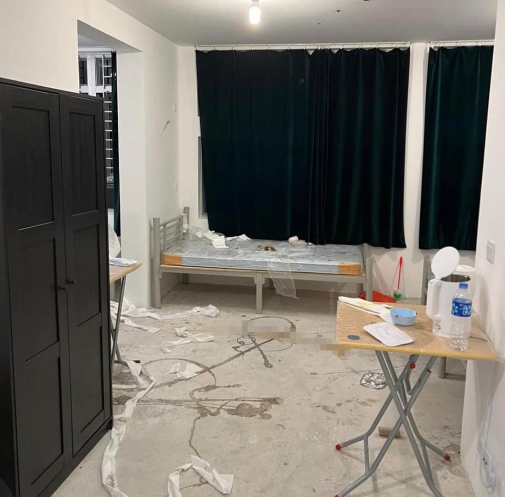 A photo from social media showing a room at the isolation facility covered with suspected faeces. Photo: Facebook. A photo from social media showing a room at the isolation facility covered with suspected faeces. Photo: Facebook.