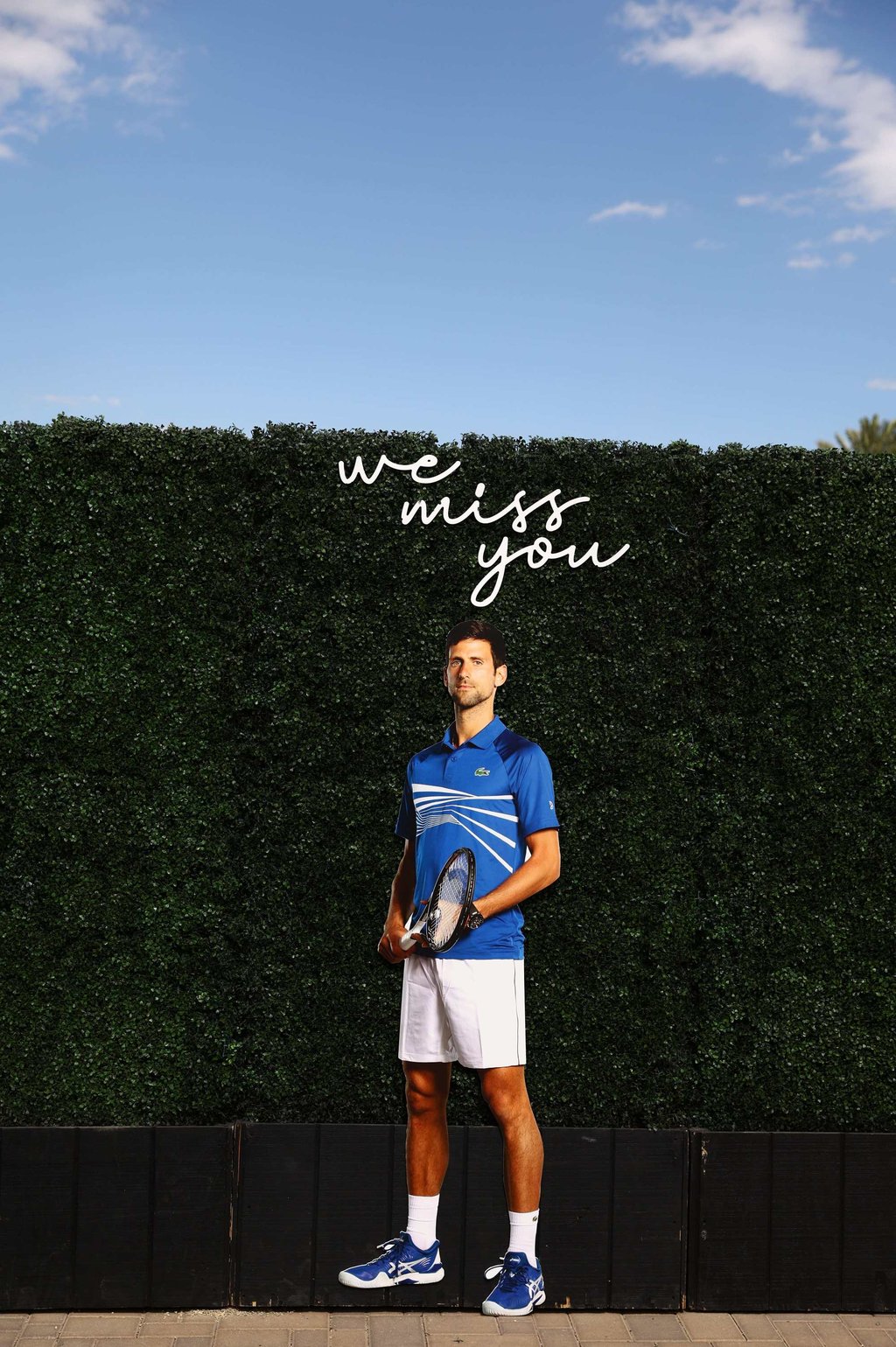 Novak Djokovic featured on the "We Miss You” wall after withdrawing from the BNP Paribas Open. Photo: AFP
