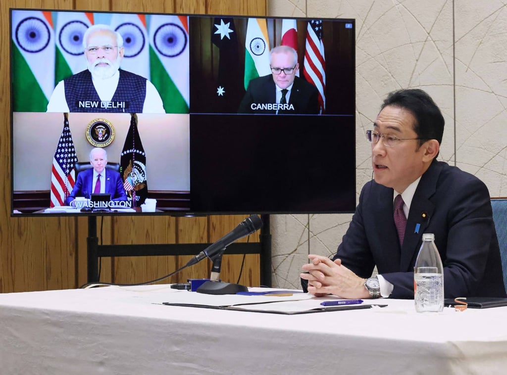 Japanese Prime Minister Fumio Kishida at a virtual summit with other Quad leaders - India’s Prime Minister Narendra Modi, US President Joe Biden and Australia’s Prime Minister Scott Morrison. Photo: AFP Japanese Prime Minister Fumio Kishida at a virtual summit with other Quad leaders - India’s Prime Minister Narendra Modi, US President Joe Biden and Australia’s Prime Minister Scott Morrison. Photo: AFP