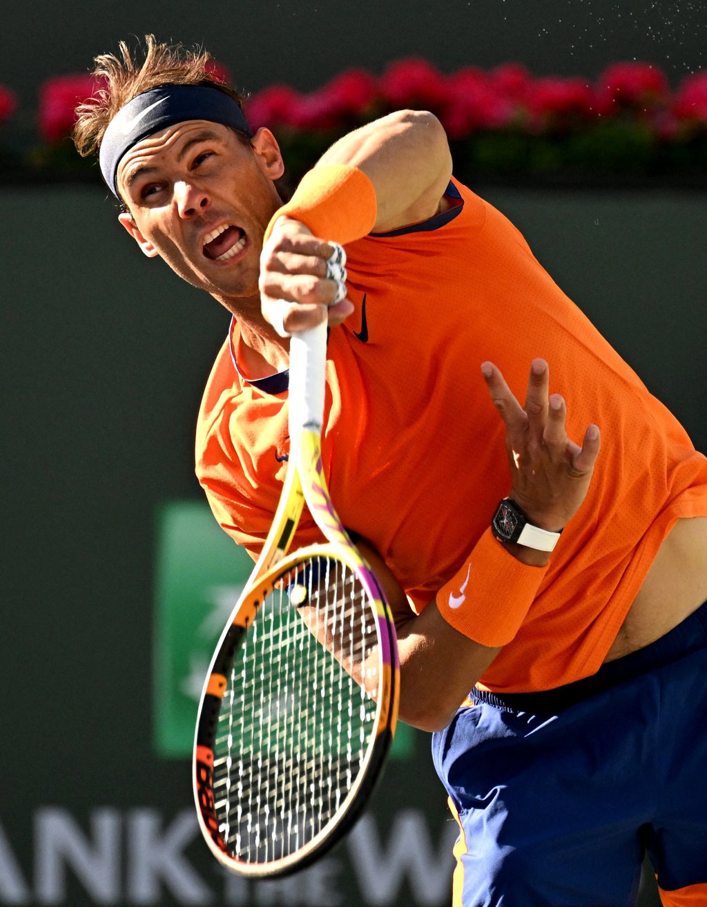 Rafael Nadal hits a shot in his quarter final match as he defeated Nick Kyrgios at the BNP Paribas Open. Photo: USA TODAY Sports