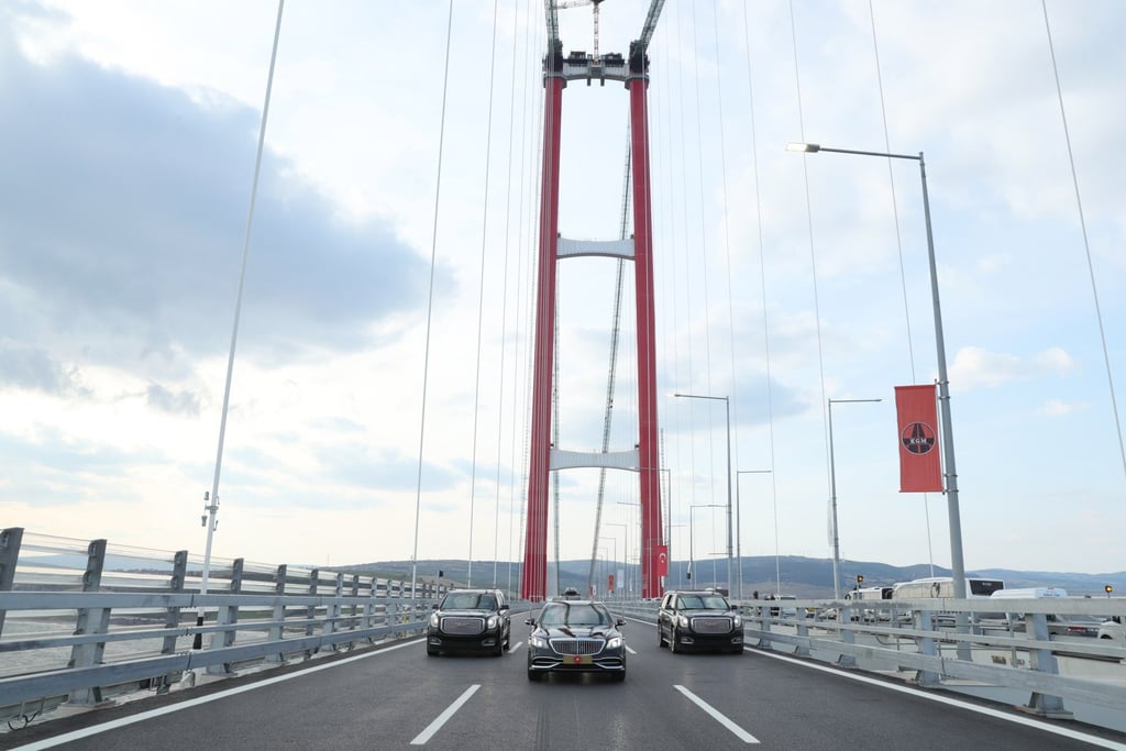 The world’s longest midspan suspension the Canakkale 1915 Bridge. Its spire towers are 318 metres high, and spans 2,023-metre. Photo: EPA-EFE/Turkish Presidency Press Office handout The world’s longest midspan suspension the Canakkale 1915 Bridge. Its spire towers are 318 metres high, and spans 2,023-metre. Photo: EPA-EFE/Turkish Presidency Press Office handout