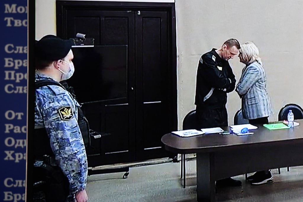 Russian opposition leader Alexei Navalny and lawyer Olga Mikhailova seen on a screen via a video link during his trial on Tuesday. Photo: AFP Russian opposition leader Alexei Navalny and lawyer Olga Mikhailova seen on a screen via a video link during his trial on Tuesday. Photo: AFP