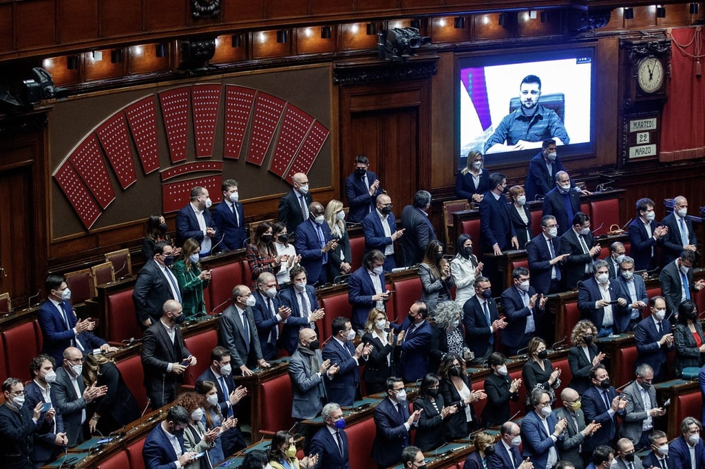 Ukrainian President Volodymyr Zelensky (on screen) addresses the Italian Parliament via video conference on Tuesday. Photo: EPA-EFE
