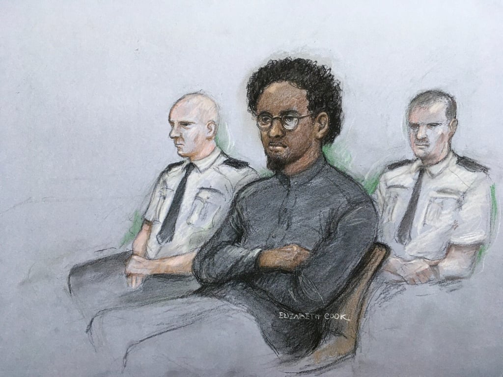 A court artist sketch shows Ali Harbi Ali in the dock at the Old Bailey in London on Monday. Photo: PA via AP A court artist sketch shows Ali Harbi Ali in the dock at the Old Bailey in London on Monday. Photo: PA via AP