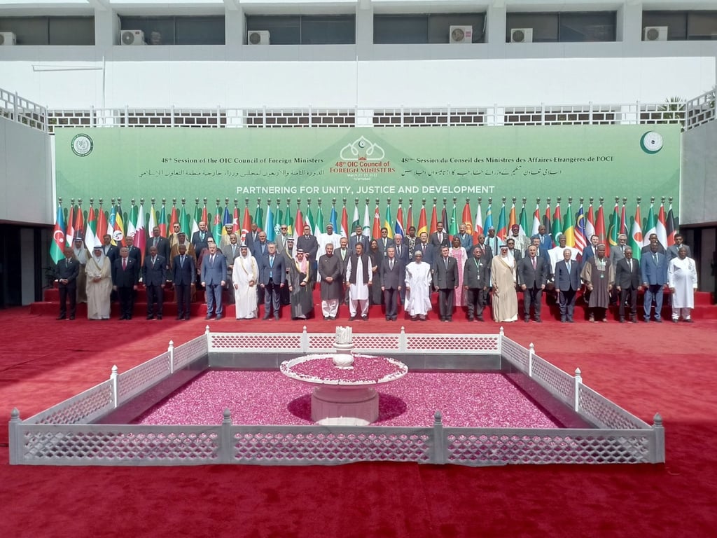 OIC delegates pose for a group photo in Islamabad, Pakistan, on Tuesday. The OIC is the world’s second-largest intergovernmental body after the United Nations. Photo: EPA-EFE