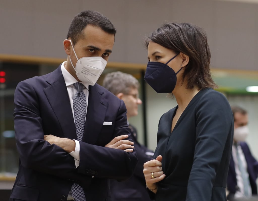 Italian Foreign Minister Luigi Di Maio and German Foreign Minister Annalena Baerbock at the EU headquarters in Brussels on Monday. Photo: EPA-EFE