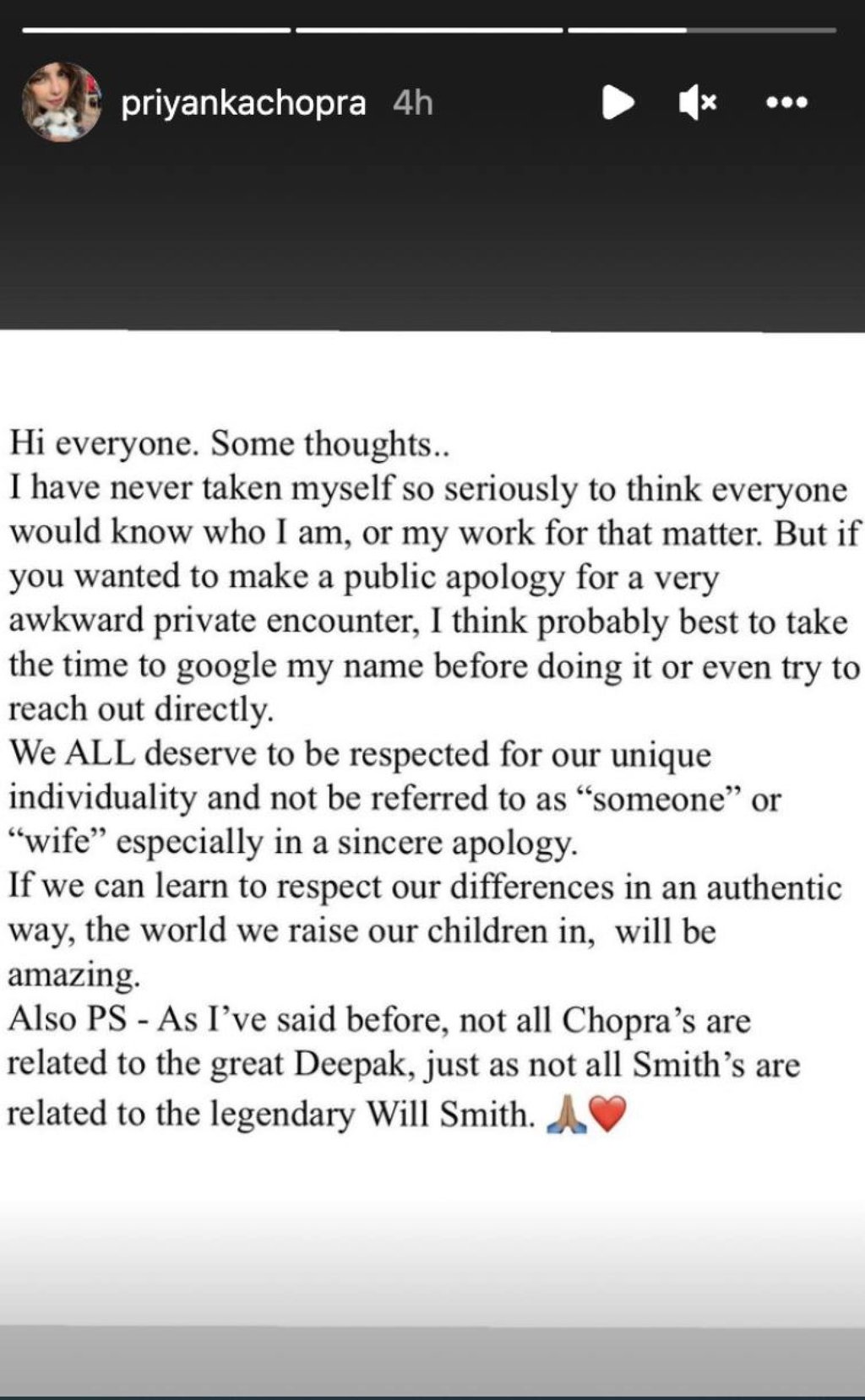 Priyanka Chopra shared this message on her Instagram Story regarding the interaction between herself and Rosie O’Donnell. Photo: @priyankachopra/Instagram
