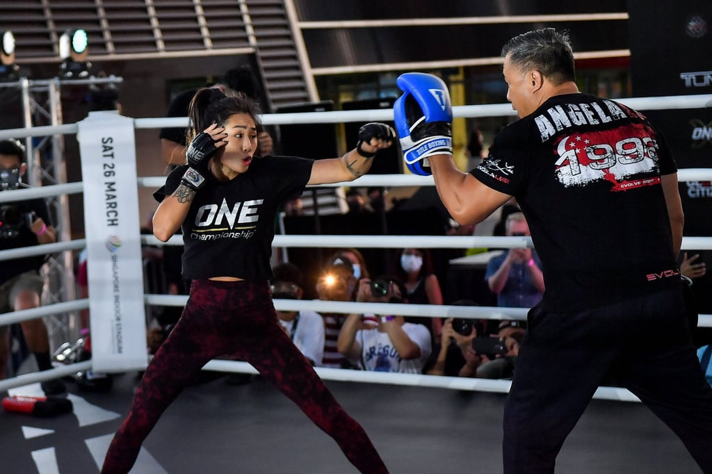 Atomweight champion Angela Lee throws a punch ONE X open workouts. Photo: ONE Championship