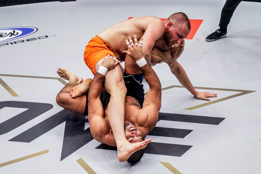 Reinier de Ridder (top) grapples with Andre Galvao at ONE X. Reinier de Ridder (top) grapples with Andre Galvao at ONE X.