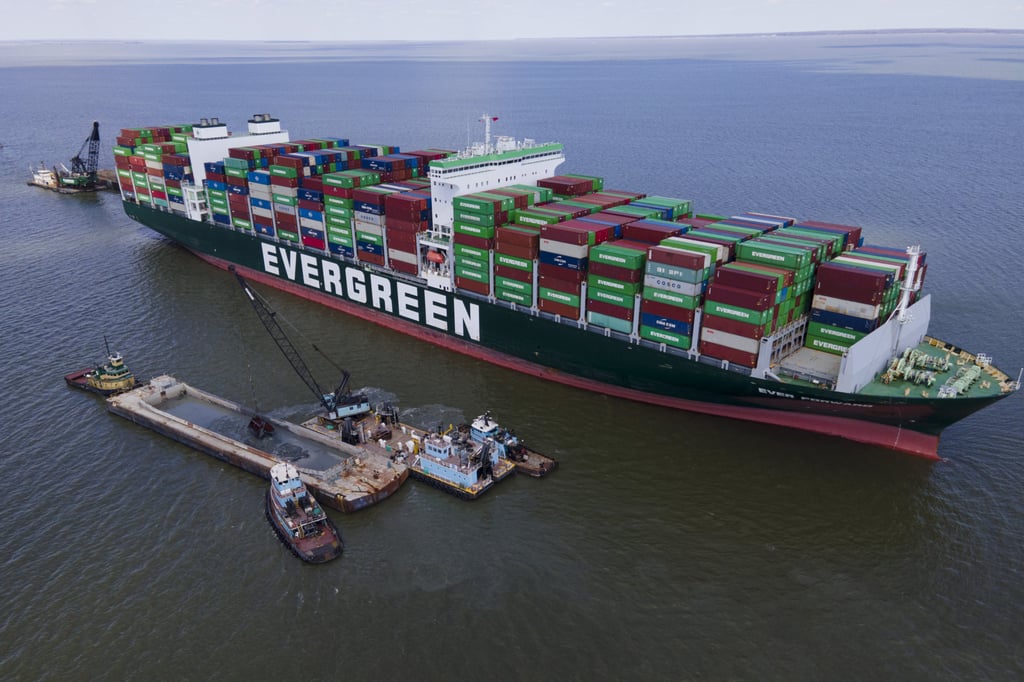 Crews dredge near the container ship Ever Forward after it ran aground off the US coast earlier this month. Its sister vessel Ever Given disrupted the global supply chain for days after grounding in the Suez Canal last year. Photo: AP