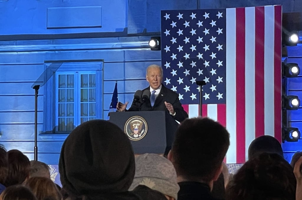 US President Joe Biden delivers a speech in Warsaw, Poland on Saturday. Photo: Kyodo