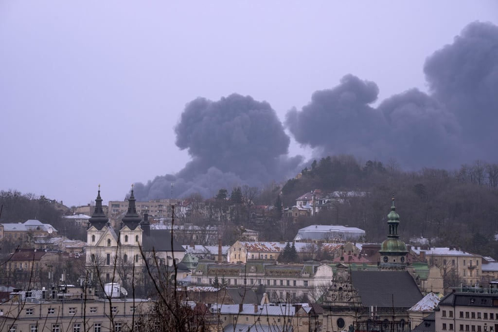 Smoke rises the air in Lviv, western Ukraine, on Saturday. Photo: AP