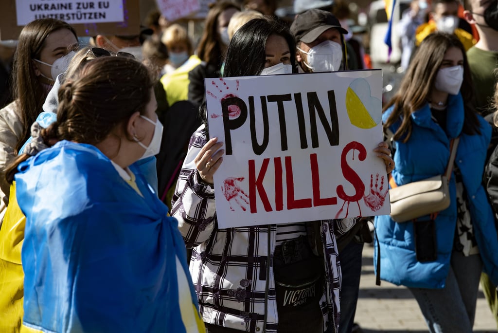 A protester against the Russian war in Ukraine, in Berlin, Germany on Sunday. Photo: dpa