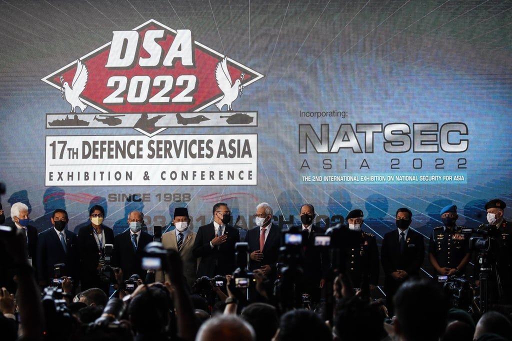 Malaysian Minister of Defence Hishammuddin Hussain (C-L) during the Defence Service Asia Exhibition (DSA) in Kuala Lumpur, Malaysia, on Monday. Photo: EPA-EFE Malaysian Minister of Defence Hishammuddin Hussain (C-L) during the Defence Service Asia Exhibition (DSA) in Kuala Lumpur, Malaysia, on Monday. Photo: EPA-EFE