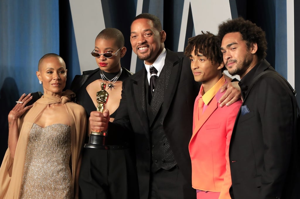 The Smith family, Jada Pinkett Smith and Willow, Will Smith, Jaden and Trey Smith at the 2022 Vanity Fair Oscar Party following the 94th annual Academy Awards ceremony. Photo: EPA-EFE