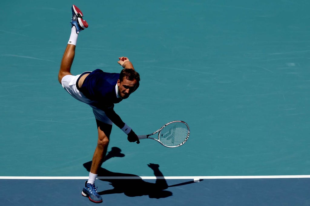 Daniil Medvedev serves to Pedro Martinez during their men’s singles match at the Miami Open. Photo: AFP