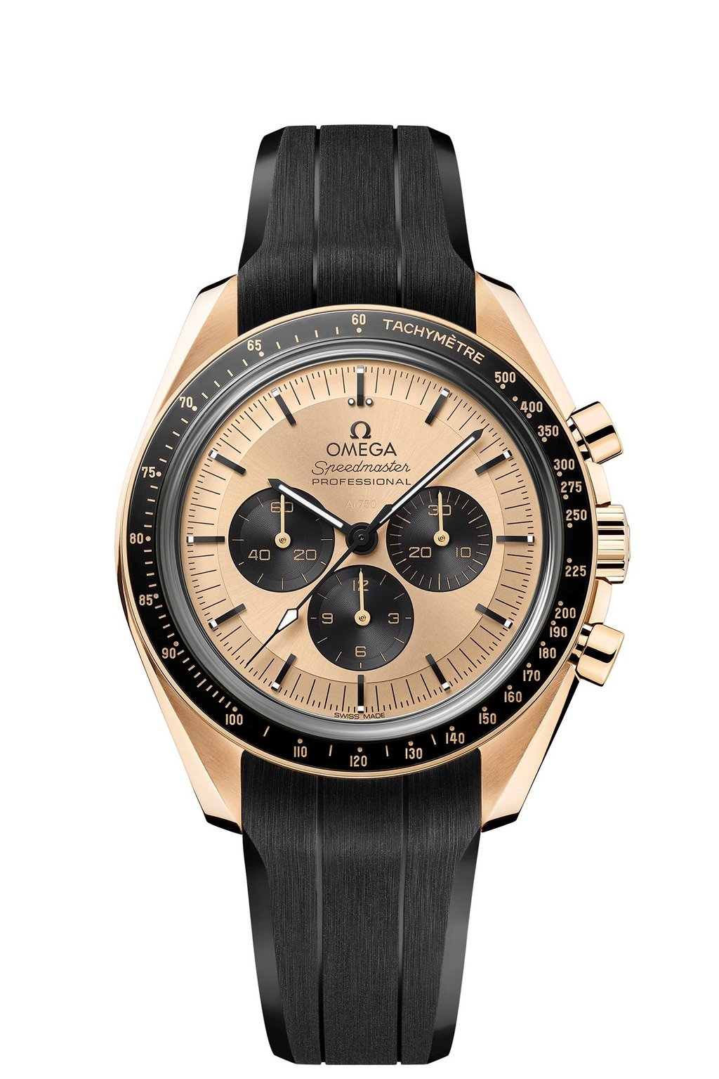 The Omega Speedmaster Moonwatch in Moonshine™ Gold, an18k yellow gold alloy featuring silver, copper and palladium.