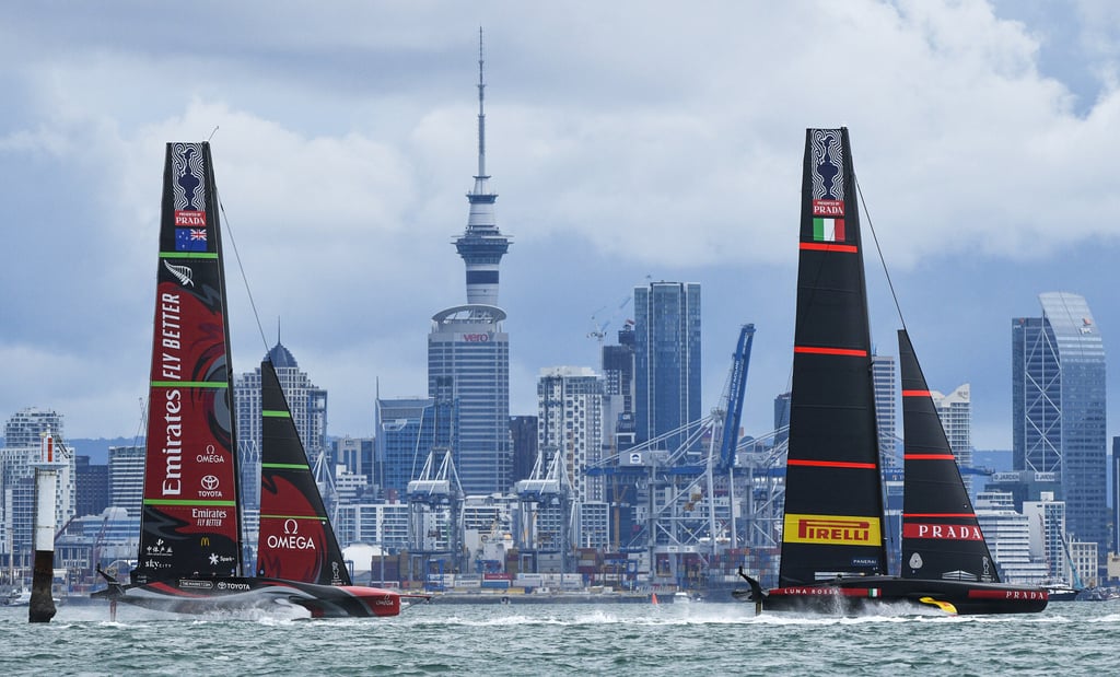 Italy’s Luna Rossa (right) races Emirates Team New Zealand in race nine of the America’s Cup on Auckland’s Waitemata Harbour, on March 16, 2021. Photo: AP