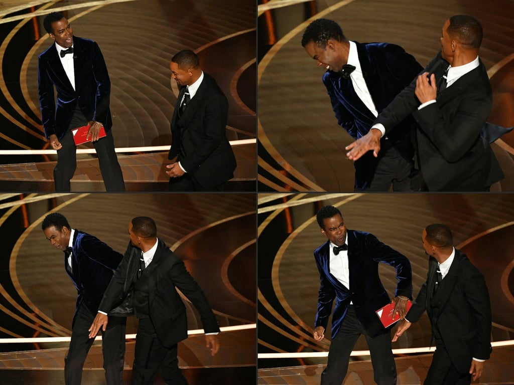 US actor Will Smith (right) approaches comedian Chris Rock onstage and slaps him during the 94th Oscars at the Dolby Theatre in Hollywood on Sunday. Photos: AFP US actor Will Smith (right) approaches comedian Chris Rock onstage and slaps him during the 94th Oscars at the Dolby Theatre in Hollywood on Sunday. Photos: AFP