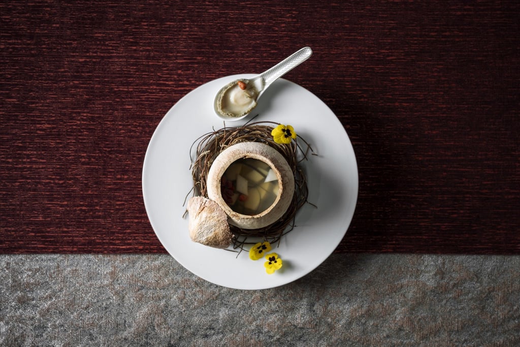 Double-boiled abalone soup, kelp, goji, baby coconut at Rùn. Photo: Rùn Double-boiled abalone soup, kelp, goji, baby coconut at Rùn. Photo: Rùn